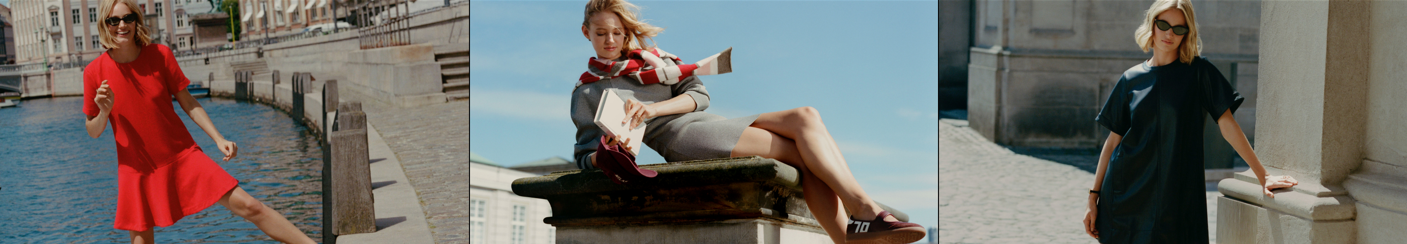 Three fashion photos: woman in red dress by waterfront, woman reading on bench with scarf, woman in black dress by concrete wall.