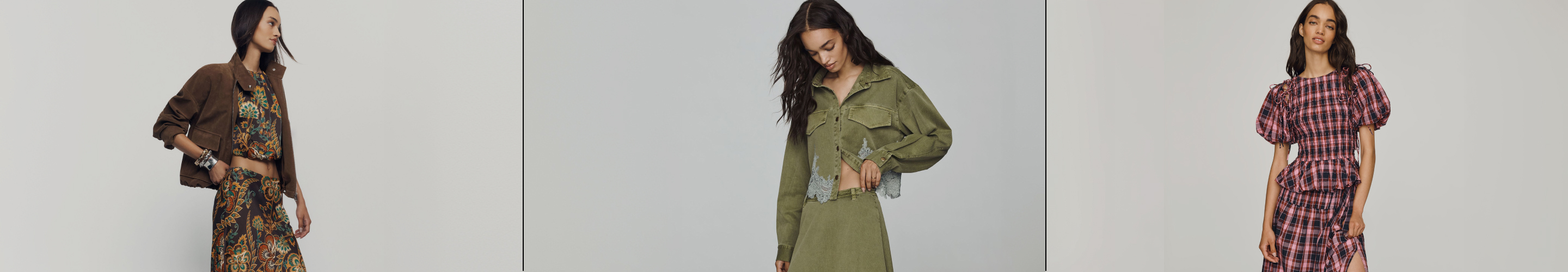 Three women modeling different outfits: floral dress with brown jacket, olive green jacket and skirt, pink plaid dress