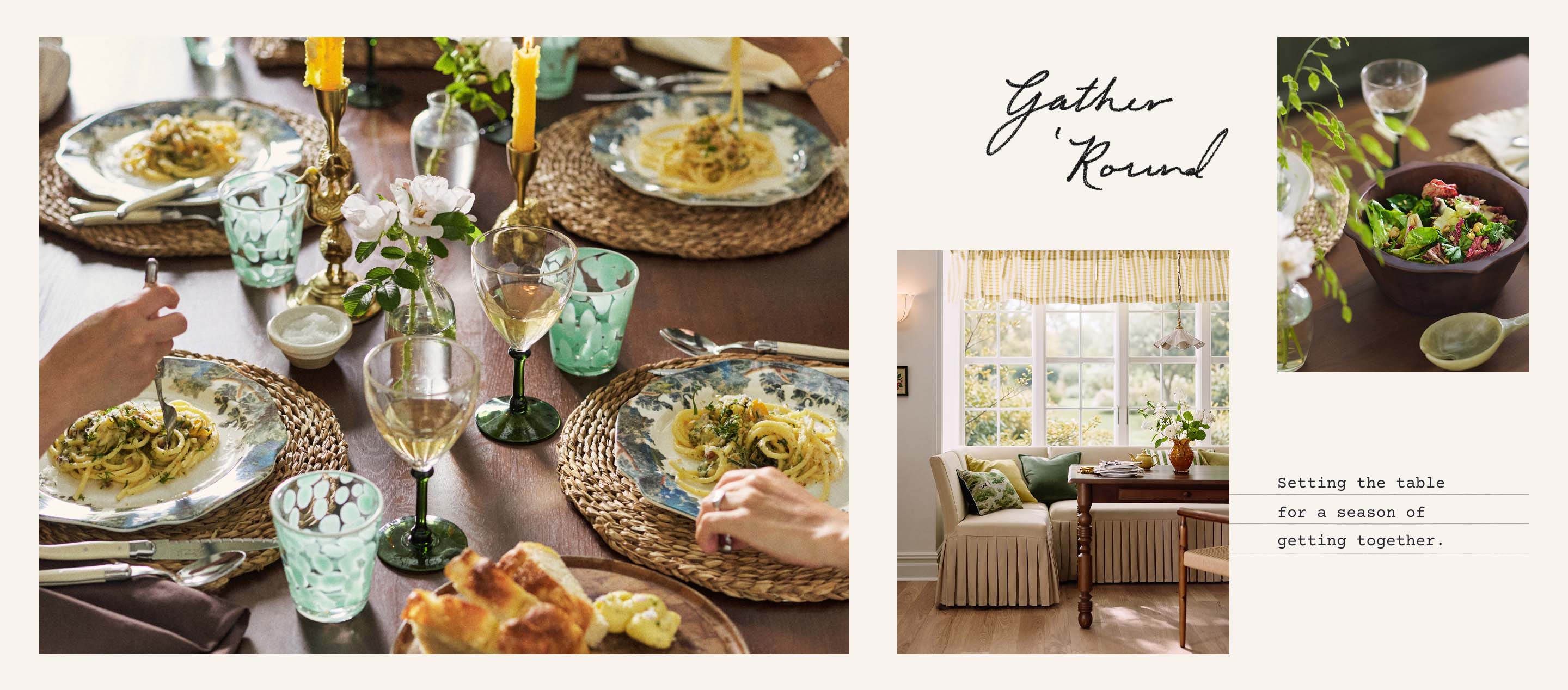Gather 'Round dining table setting with pasta dishes, green glassware, candles, and text about setting the table for togetherness