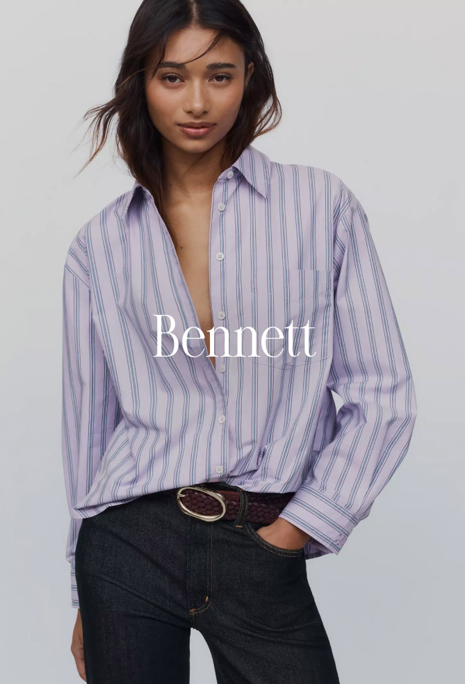 Woman wearing purple and blue striped button-up shirt with dark jeans and brown belt. Text reads "Bennett"