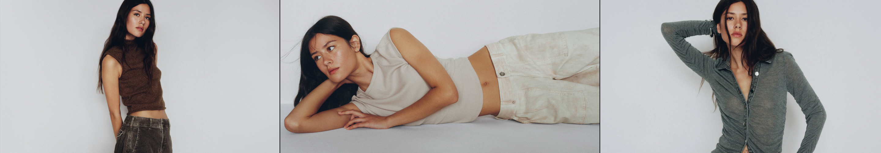 Three fashion photos: woman in brown crop top, woman reclining in beige outfit, woman in green cardigan.