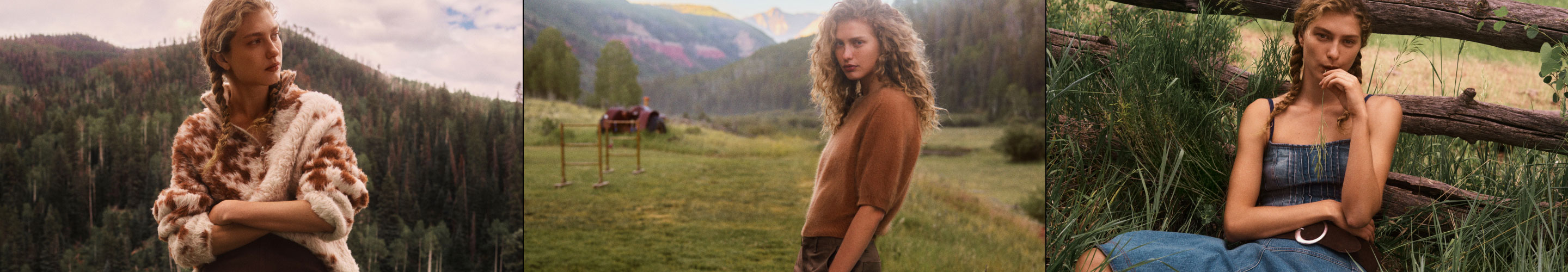 Three outdoor fashion photos: woman in fur coat by forest, woman in brown sweater with mountain backdrop, woman in denim by fence