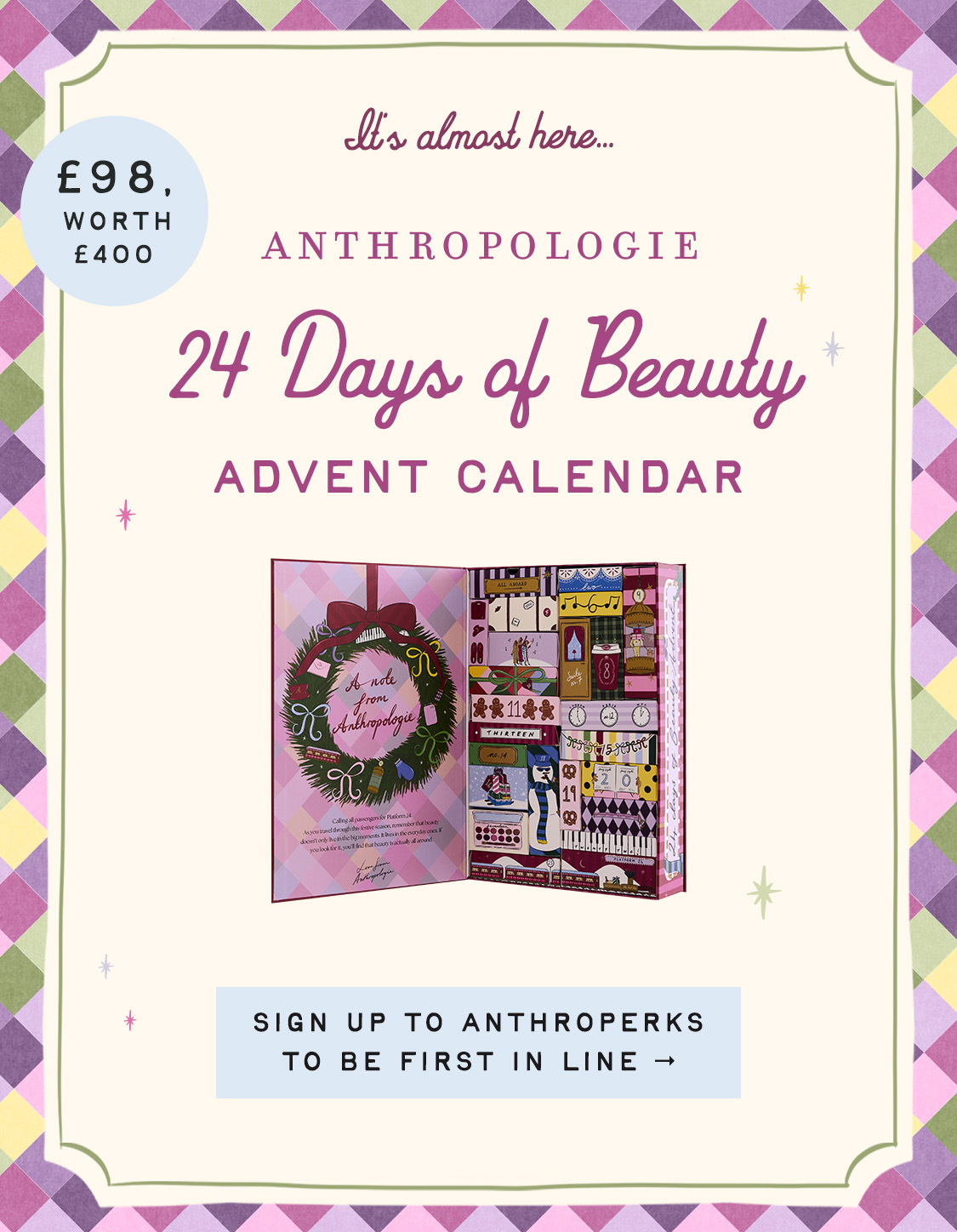Anthropologie 24 Days of Beauty Advent Calendar worth £400 with colorful product compartments and festive wreath design