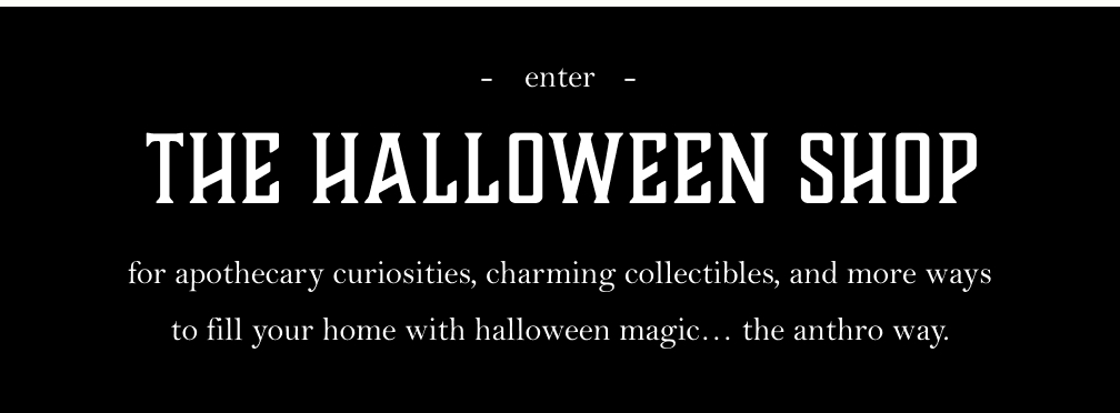 White text on black background reading "- enter - THE HALLOWEEN SHOP" with tagline about apothecary curiosities and collectibles.