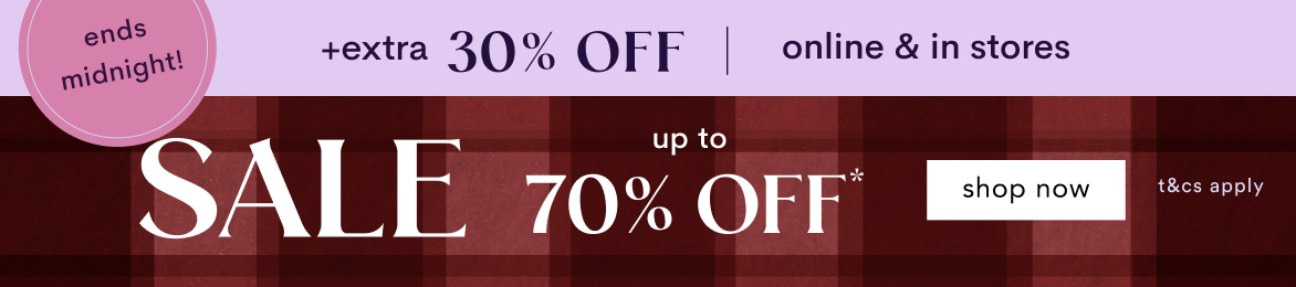Red plaid banner reading "you asked, we answered ends midnight! +extra 30% OFF SALE up to 70% OFF* shop now"
