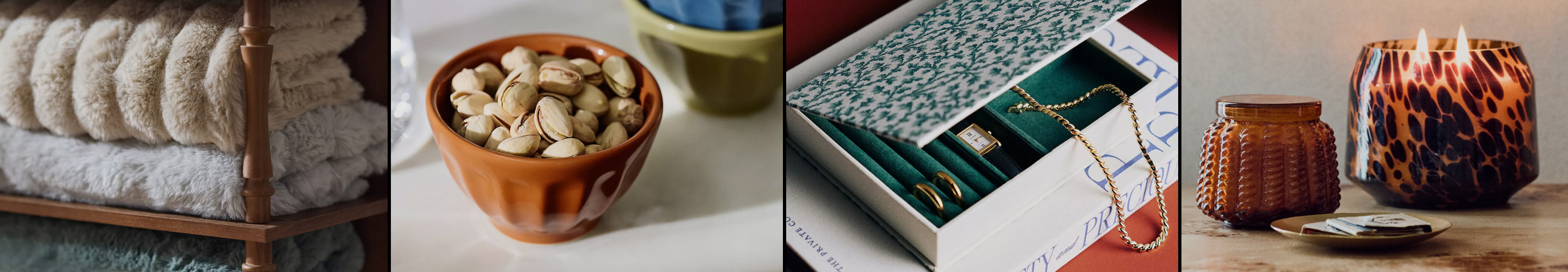 Four lifestyle images: rolled towels on shelf, pistachios in orange bowl, jewelry organizer box, amber candles.