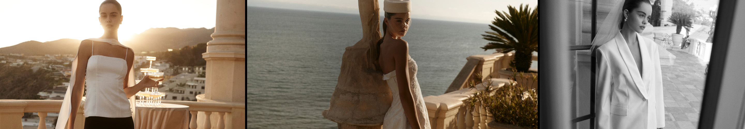 Three fashion photos: woman in white top on balcony at sunset, woman in beige dress by ocean, black and white portrait by water.