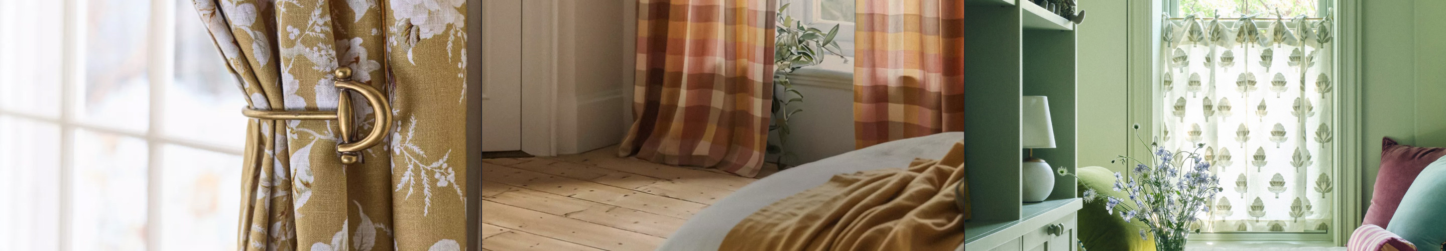 Collage of three interior scenes showing decorative curtains: gold floral with tieback, orange plaid, and green room with patterned curtain.