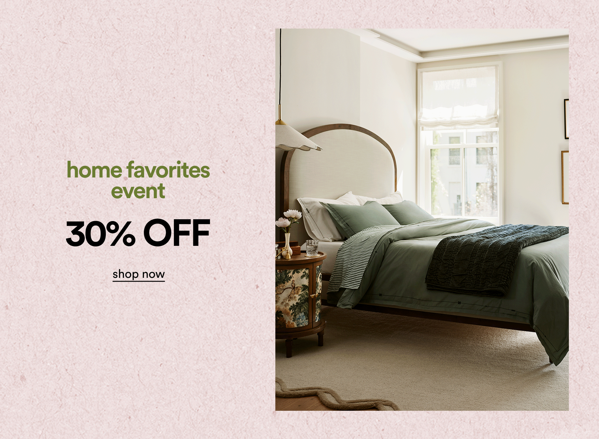 gifing images of highlighting bedding, pillow, and towels text reading home favorites event 30% OFF shop now on pink textured background 