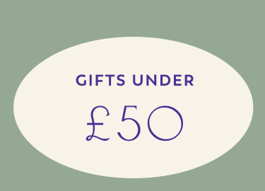 White text reading "GIFTS UNDER £50" on a burgundy red background with decorative serif font for the price.