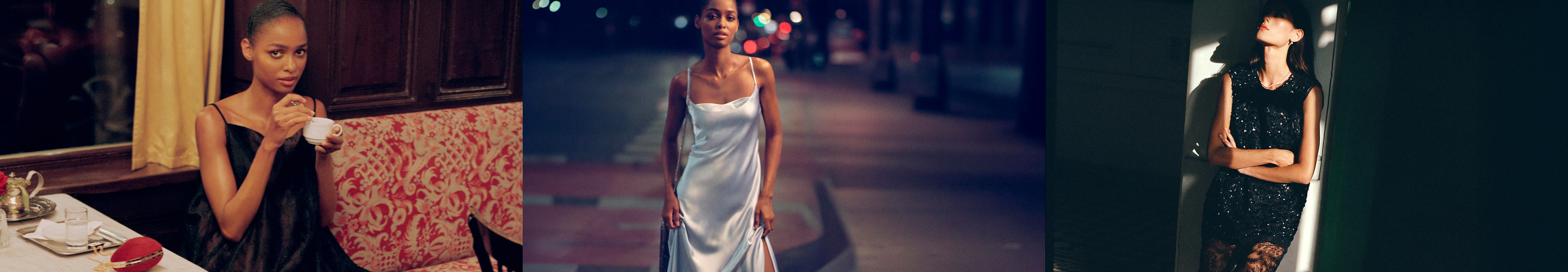 Three-panel image of a woman in elegant settings: drinking coffee in black dress, walking street in white slip dress, standing in green sequined gown.