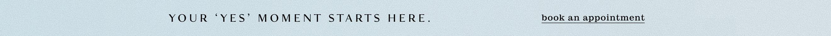 Text on light blue background reading "YOUR 'YES' MOMENT STARTS HERE." with "book an appointment" link on right side.