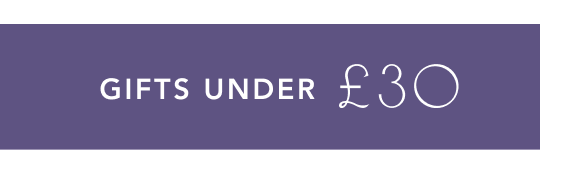 Sage green banner with white text reading "GIFTS UNDER £30" on a beige background.