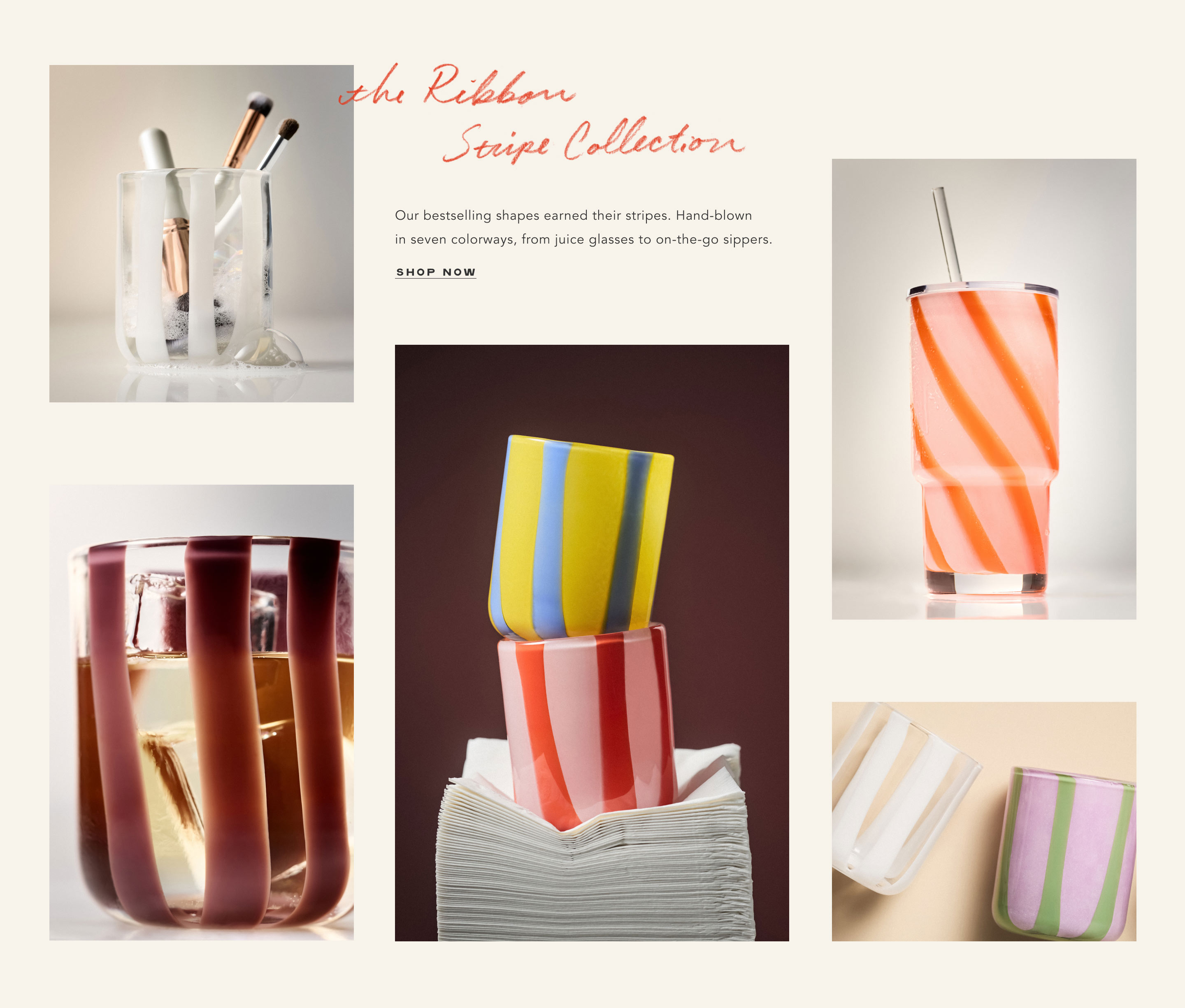 The Ribbon Stripe Collection featuring colorful striped glassware, tumblers, and accessories with SHOP NOW text