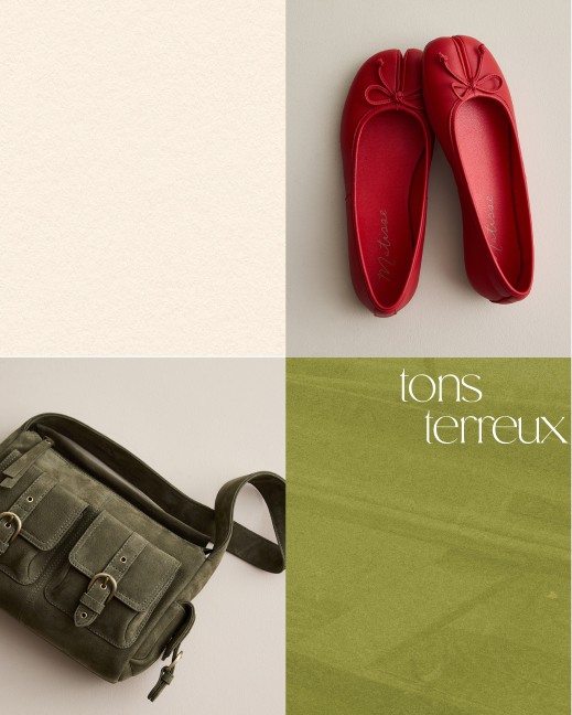 Red ballet flats with bow detail and olive green messenger bag displayed on neutral and green backgrounds with earthy tones text.