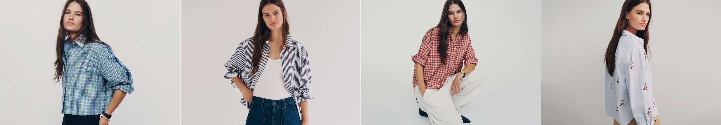 Four women modeling different casual button-up shirts: blue plaid, black striped, red gingham, and white embroidered styles.
