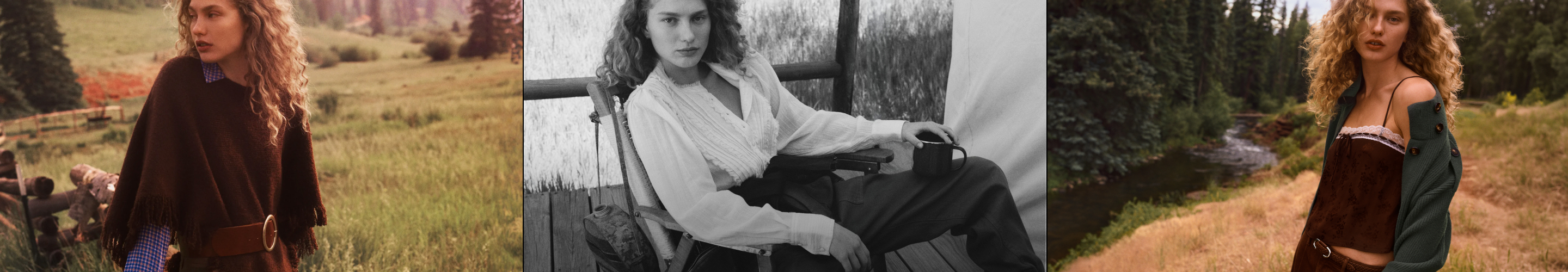 Three fashion photos: woman in embroidered sweater holding skateboard outdoors, black and white portrait of woman seated, woman in off-shoulder top by forest stream