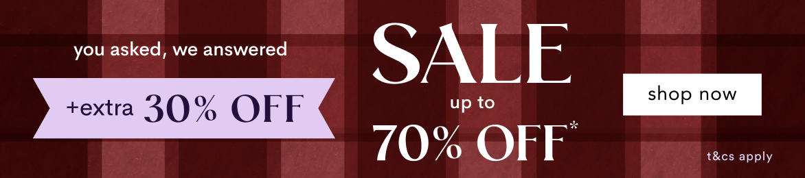 Sale banner with burgundy plaid background showing extra 30% off and up to 70% off with shop now button
