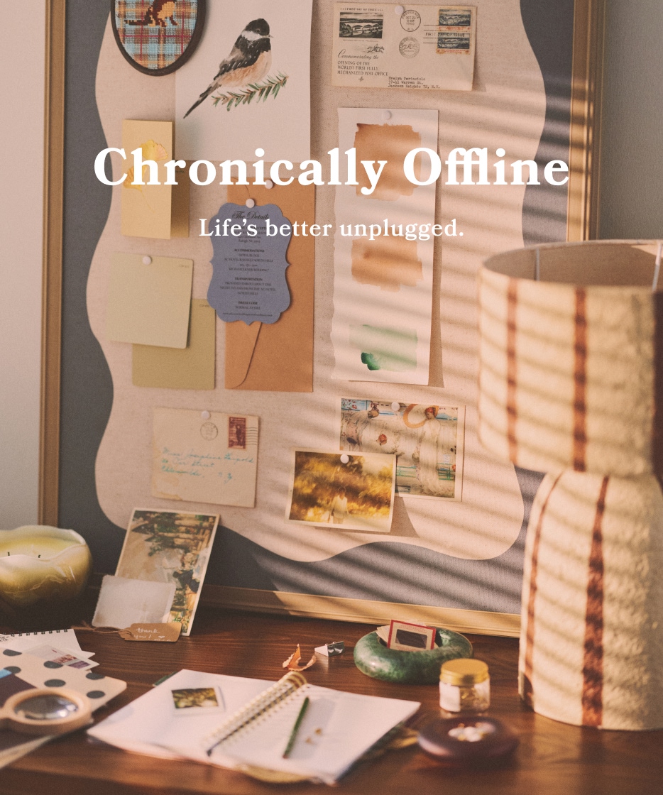 Inspiration board with bird art, postcards, and photos with text Chronically Offline Life's better unplugged.