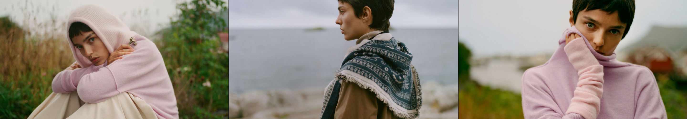Three photos of models wearing scarves and sweaters in outdoor settings with natural backgrounds.