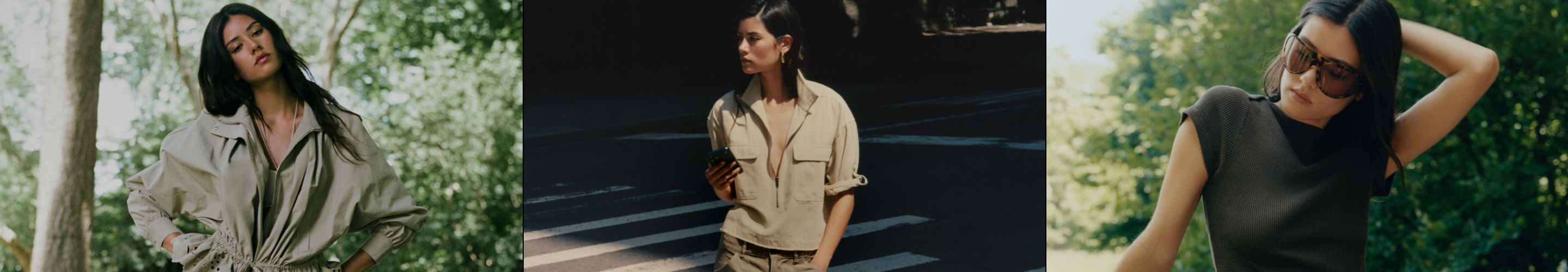 Three fashion photos showing women in casual outdoor wear: beige jacket in forest, tan utility shirt by vehicle, black top with sunglasses.