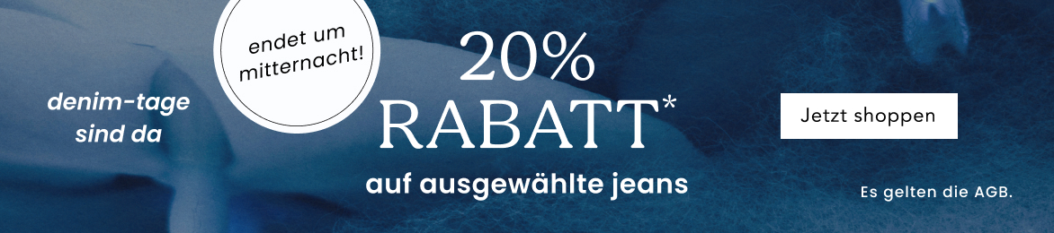 Denim sale banner showing limited time 20% OFF selected jeans with shop now button on blue denim background
