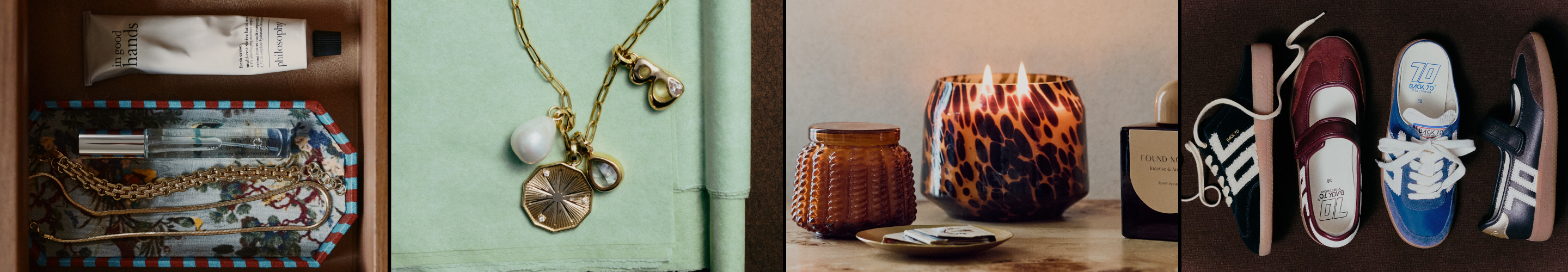Four-panel image showing organized items: jewelry drawer, gold necklace on mint background, amber candles, and sneakers display.