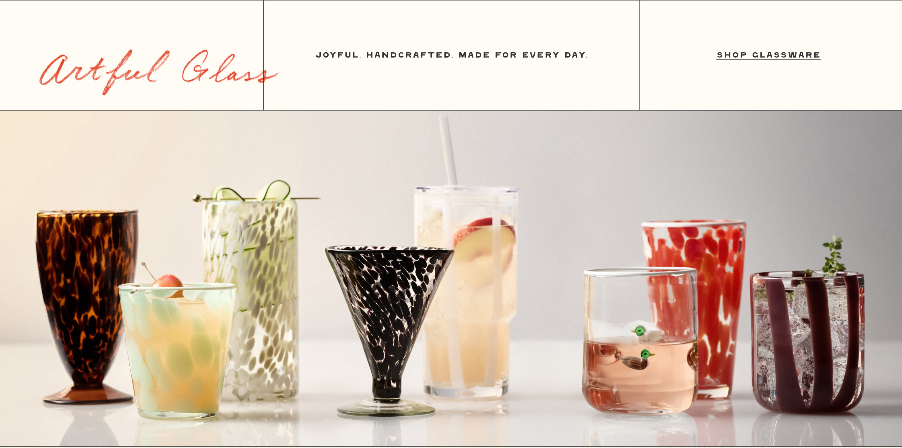 Artful Glass banner showing colorful handcrafted glassware collection with text: Joyful, handcrafted, and endlessly collectible.