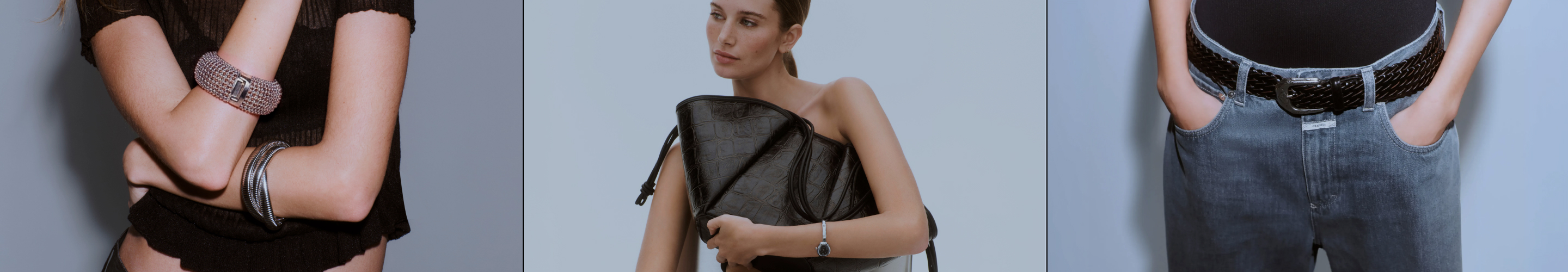 Three fashion images showing models with accessories: left shows bracelets on arms, center shows woman with black bag, right shows belt detail.