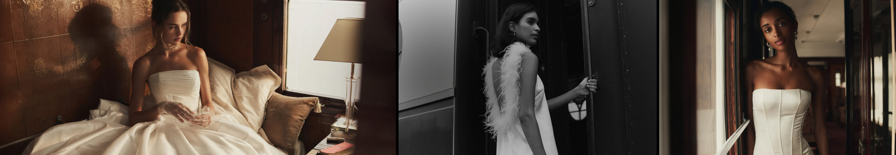 Three-panel image of a woman in a white strapless gown: sitting on a bed, standing by a door in black and white, and posing by a mirror.