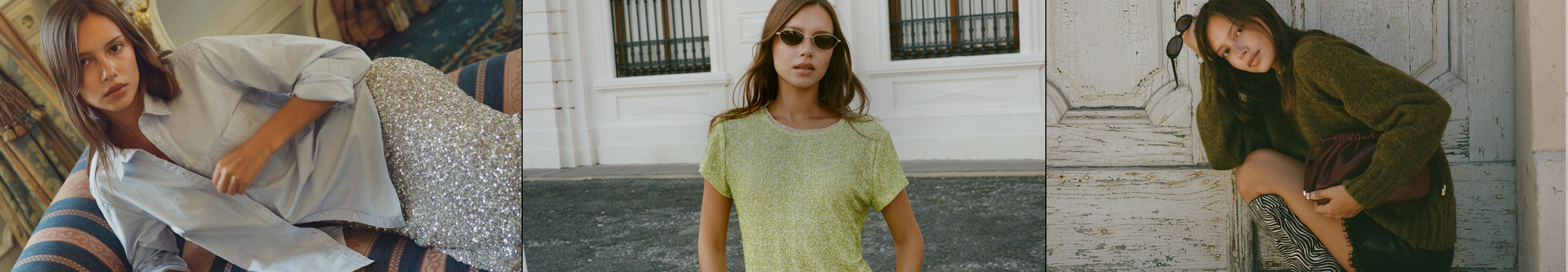 Three fashion photos: woman in white shirt on couch, woman in lime green top with sunglasses outdoors, woman in olive sweater