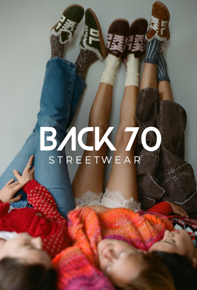 Three people lying down wearing colorful sneakers and jeans with text overlay reading BACK TO STREETWEAR