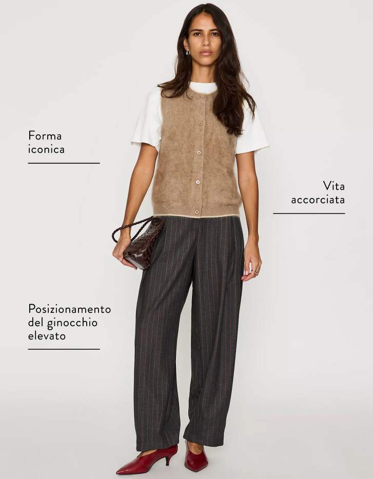 Woman in tan sweater vest, white tee, and pinstriped pants with labels: iconic shapes, shortened waist, elevated knee placement
