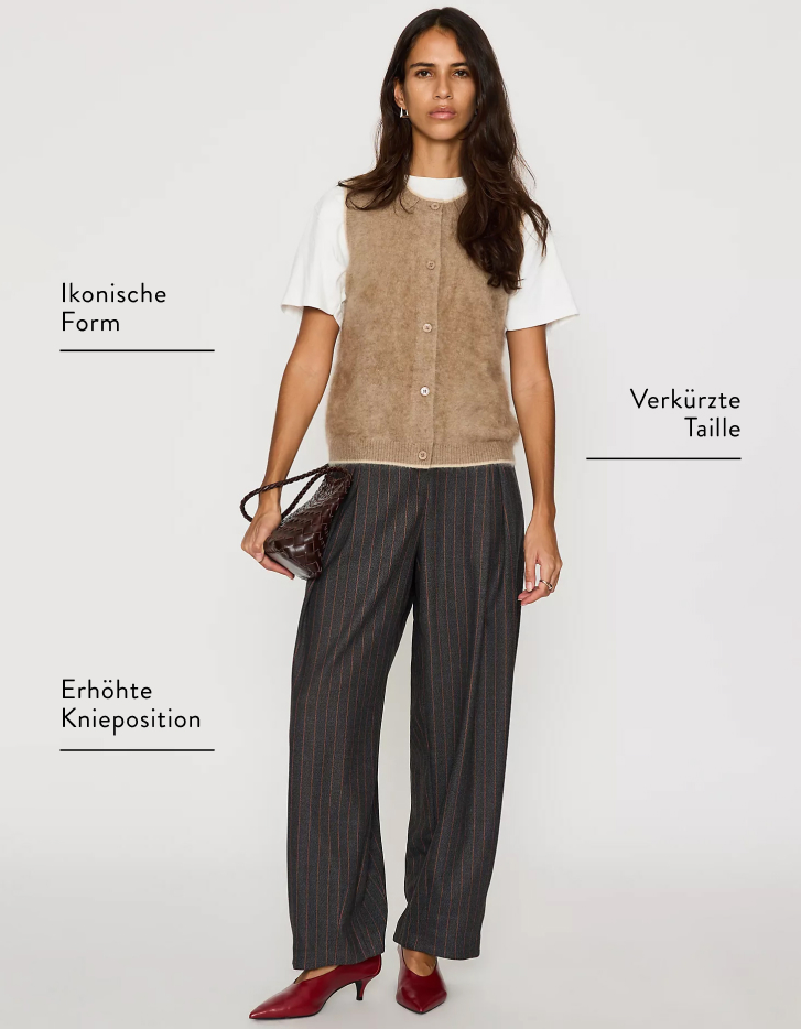 Woman in tan sweater vest, white tee, and pinstriped pants with labels: iconic shapes, shortened waist, elevated knee placement