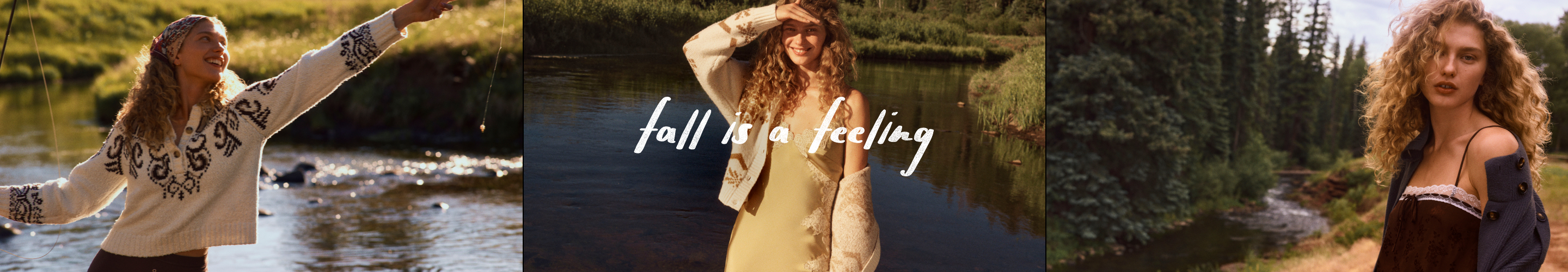 Three images of women in fall fashion by water with text "fall is a feeling" in center panel