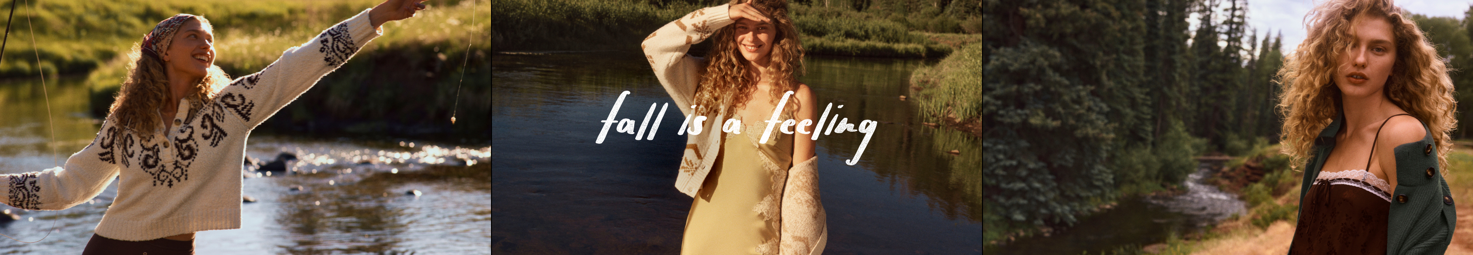 Three images of women in fall fashion by water with text "fall is a feeling" in center panel