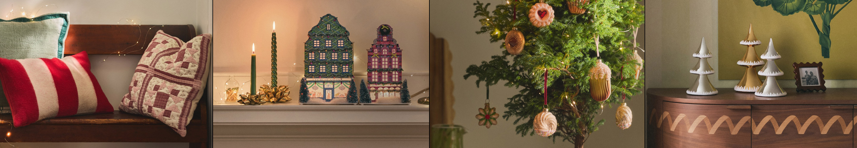 Four holiday scenes: striped pillows on bench, lit candles with decorative houses, ornament-decorated tree, ceramic trees on shelf.