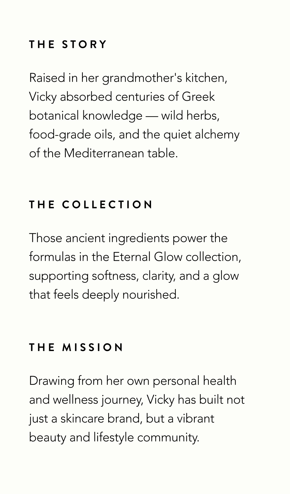Three text sections on beige background: THE STORY, THE COLLECTION, and THE MISSION with descriptive paragraphs below each heading.