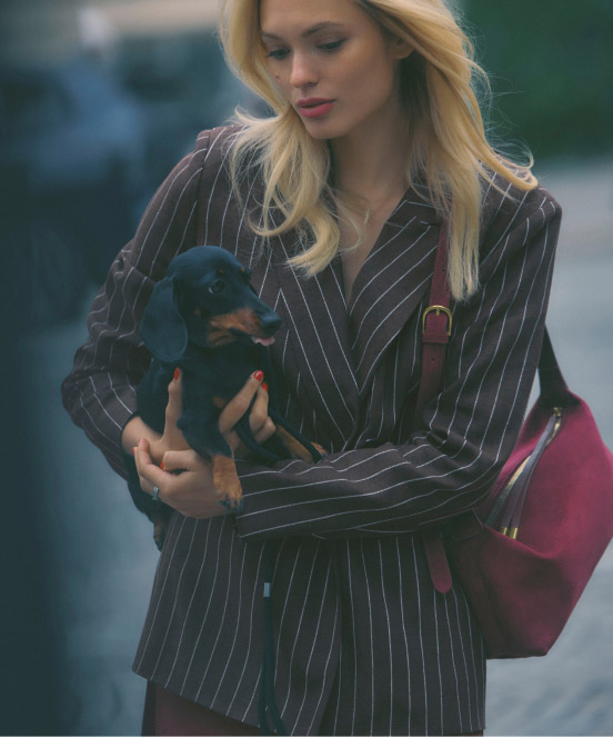 Blonde woman in black pinstripe suit holding black puppy with burgundy bag on shoulder outdoors.
