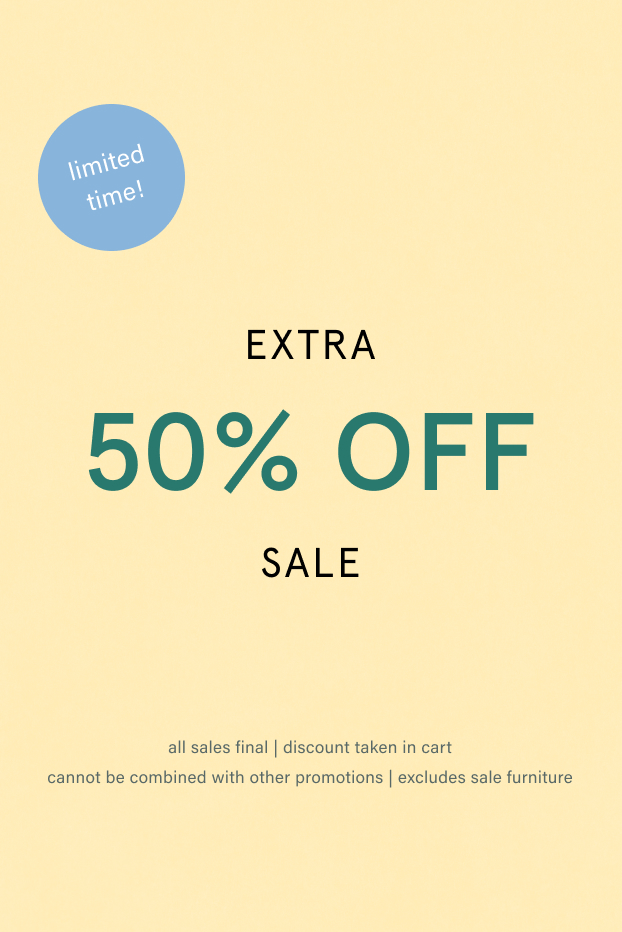 Blue circle with text limited time! on pale yellow background with EXTRA 50% OFF SALE promotion text below.