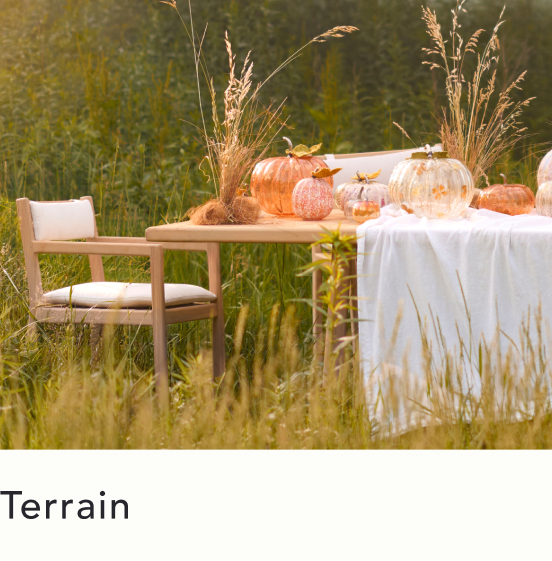 Outdoor table with white cloth, orange and white pumpkins, dried grasses, and wooden chairs in a golden field
