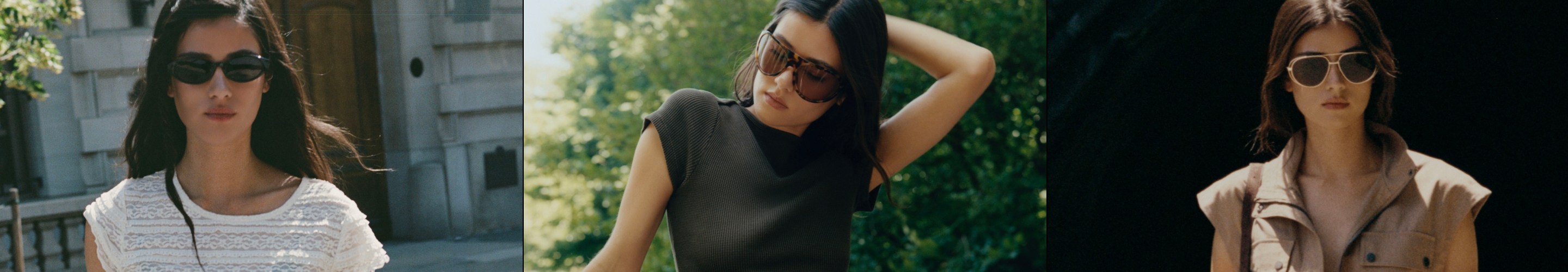 Three women modeling different styles of sunglasses in outdoor settings with natural lighting and greenery.