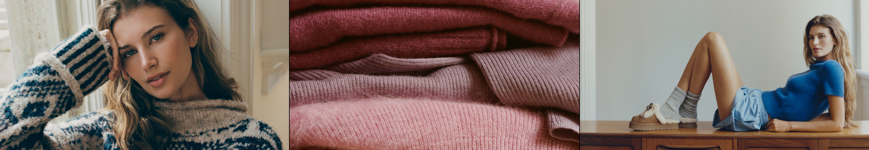 Three-panel image: woman in striped sweater, stack of folded sweaters in pink and burgundy tones, woman in blue sweater seated