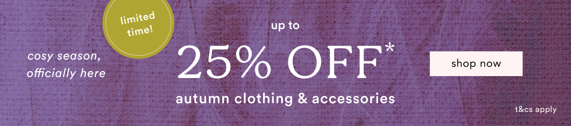 Purple textured banner advertising limited time sale with up to 25% OFF autumn clothing and accessories, shop now button