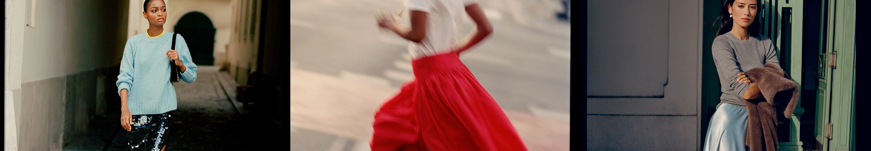 Three fashion images: woman in blue sweatshirt with sequin pants, person twirling in red flowing skirt, woman in gray top with jacket