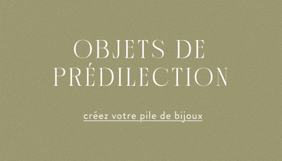 Fond doré avec texte blanc indiquant « OBJECTS OF AFFECTION » et « create your jewellery stack » en dessous dans une police plus petite.