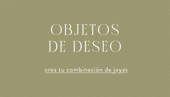 Fondo dorado con texto blanco que dice «OBJECTS OF AFFECTION» y «create your jewellery stack» debajo en una fuente más pequeña.