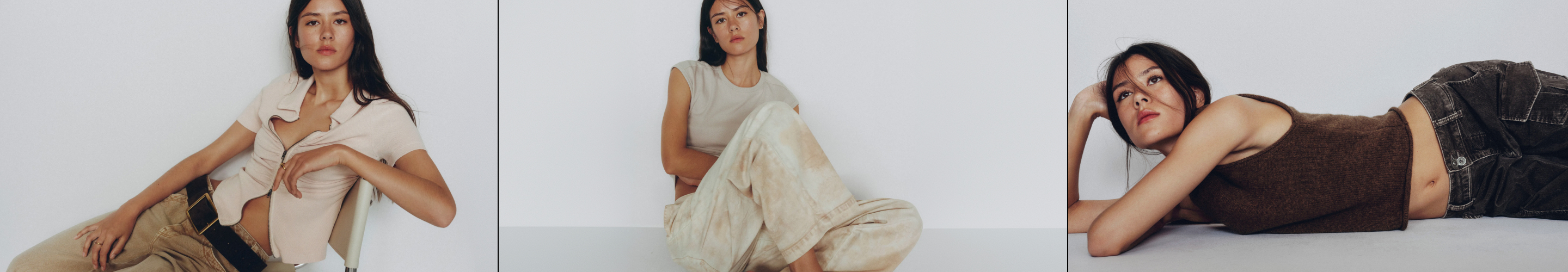 Three-panel image of a woman modeling casual wear in neutral tones, posing in different positions against white backgrounds.