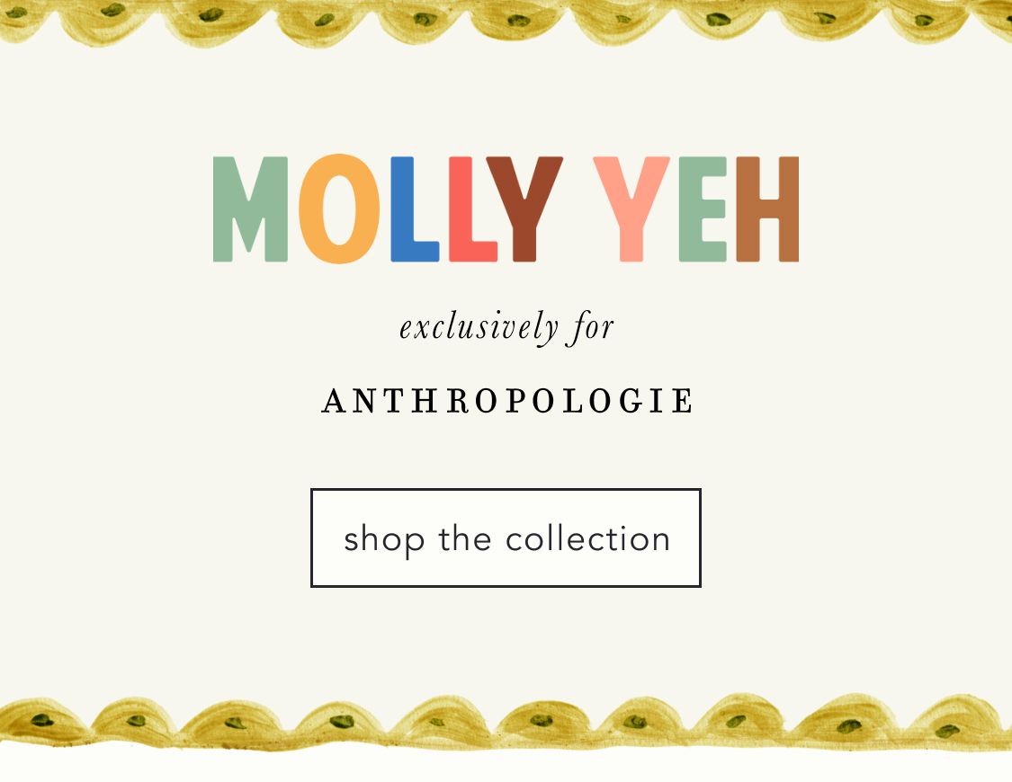 Colorful text reading MOLLY YEH with decorative scalloped border and shop the collection button below on cream background