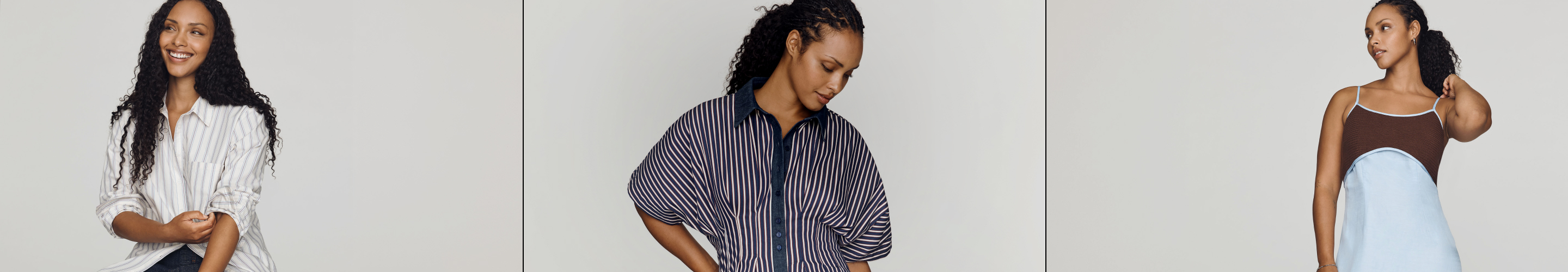 Three images of a woman modeling different outfits: white striped shirt, navy striped blouse, and brown mesh top with blue skirt.